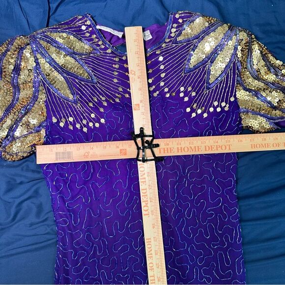Laurence Kazar Silk Purple and Gold Embellished Sheath Dress - Picture 8 of 10